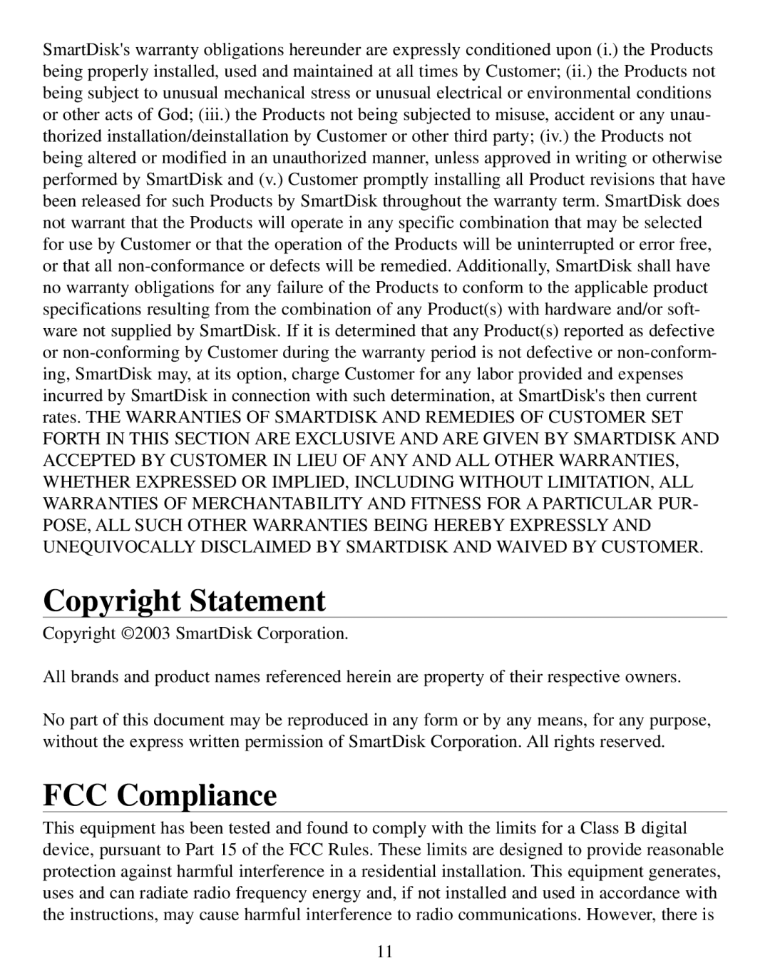 SmartDisk Rover manual Copyright Statement, FCC Compliance 