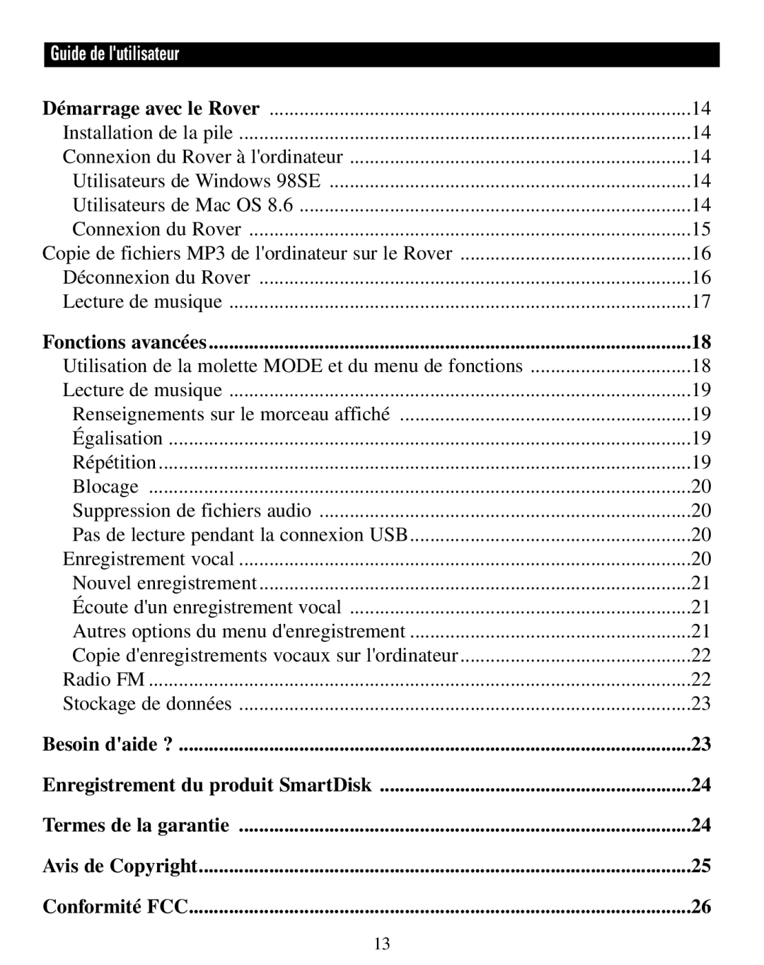 SmartDisk Rover manual Guide de lutilisateur 