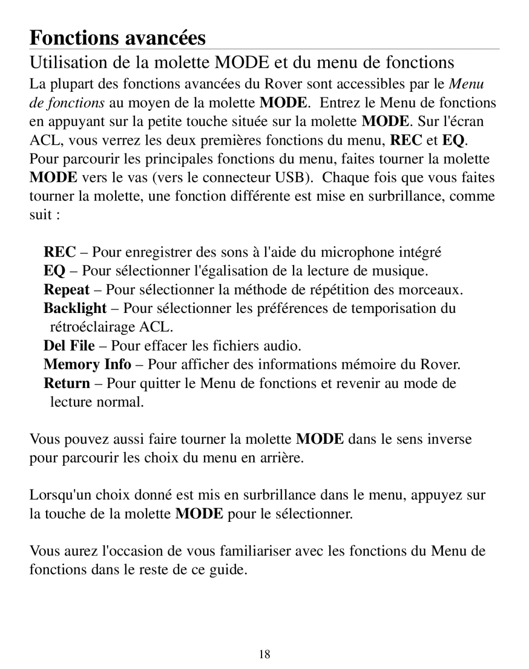 SmartDisk Rover manual Fonctions avancées, Utilisation de la molette Mode et du menu de fonctions 