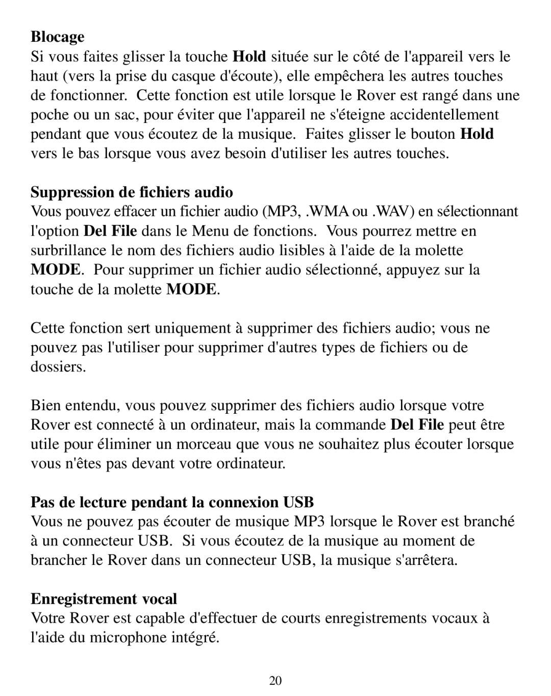 SmartDisk Rover Blocage, Suppression de fichiers audio, Pas de lecture pendant la connexion USB, Enregistrement vocal 