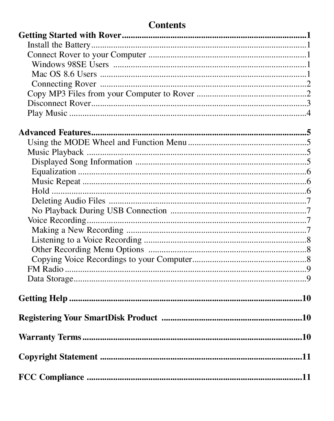 SmartDisk Rover manual Contents 