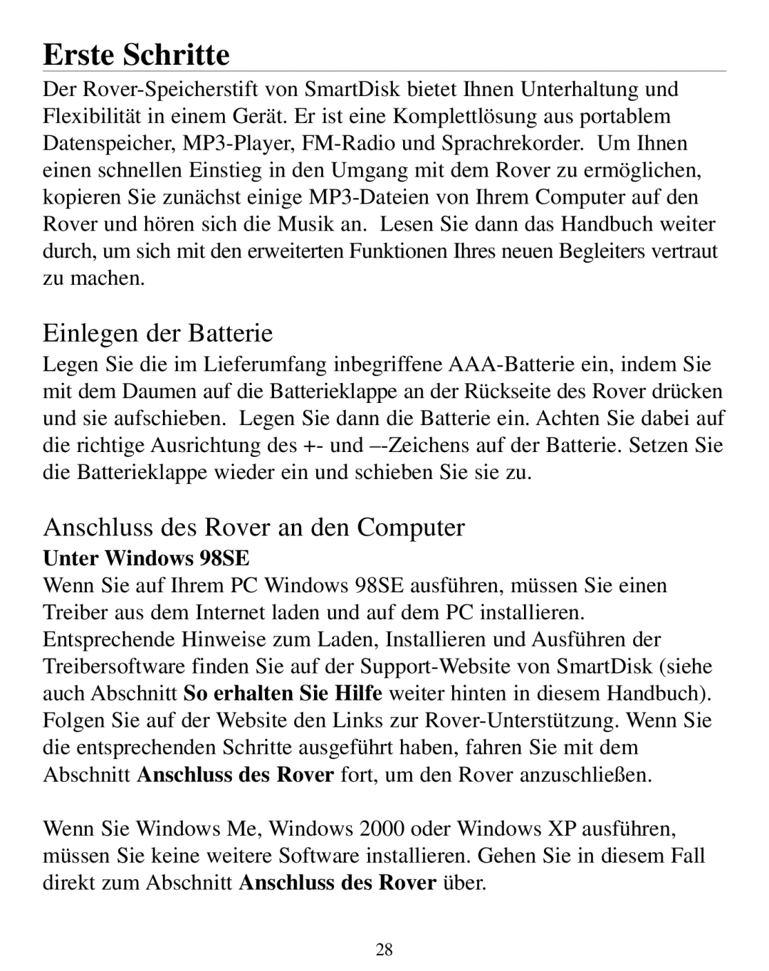 SmartDisk manual Erste Schritte, Einlegen der Batterie, Anschluss des Rover an den Computer, Unter Windows 98SE 