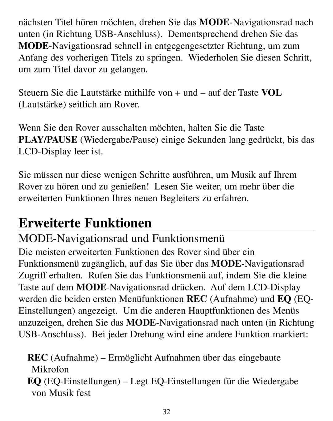 SmartDisk Rover manual Erweiterte Funktionen, MODE-Navigationsrad und Funktionsmenü 