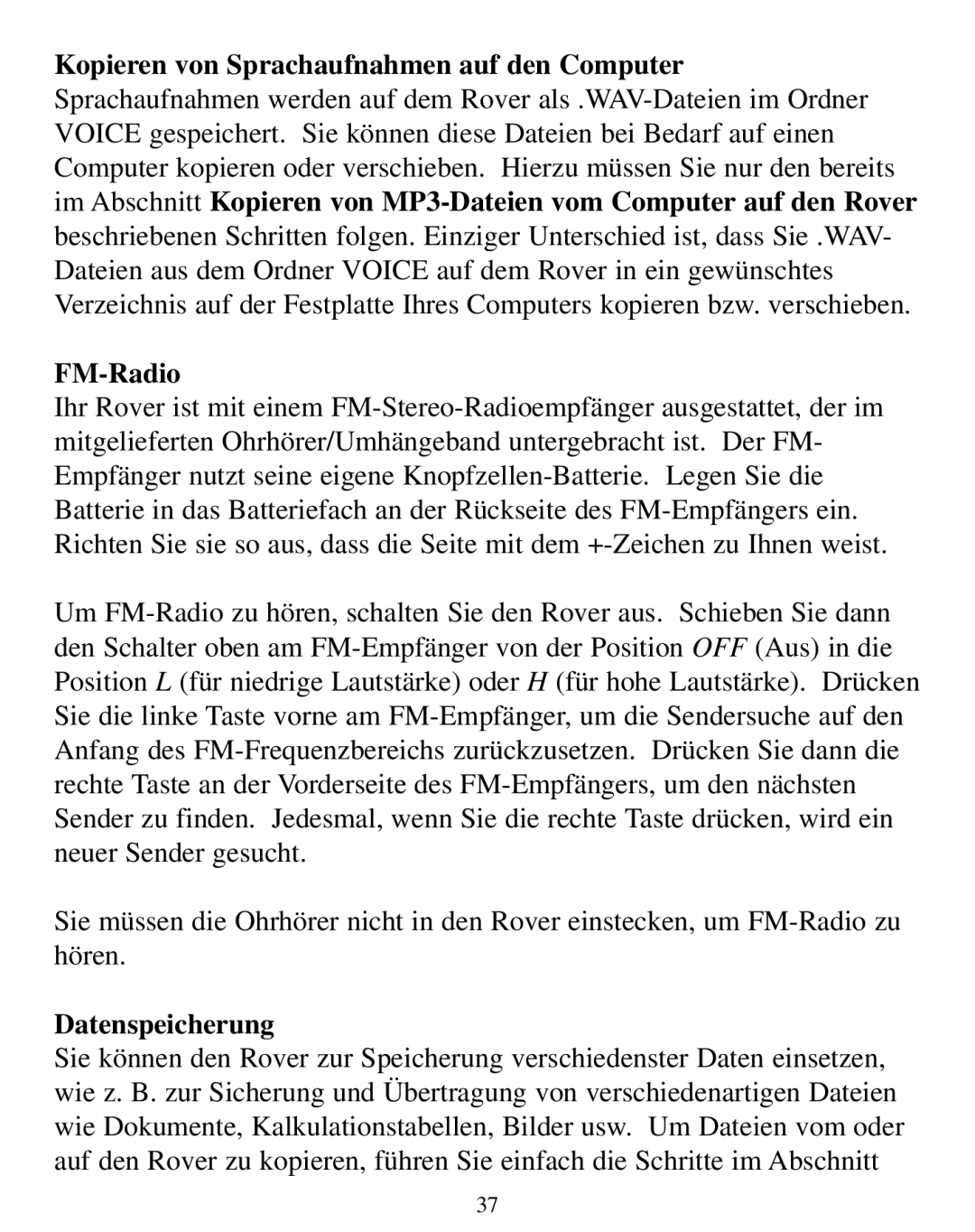 SmartDisk Rover manual Kopieren von Sprachaufnahmen auf den Computer, FM-Radio, Datenspeicherung 