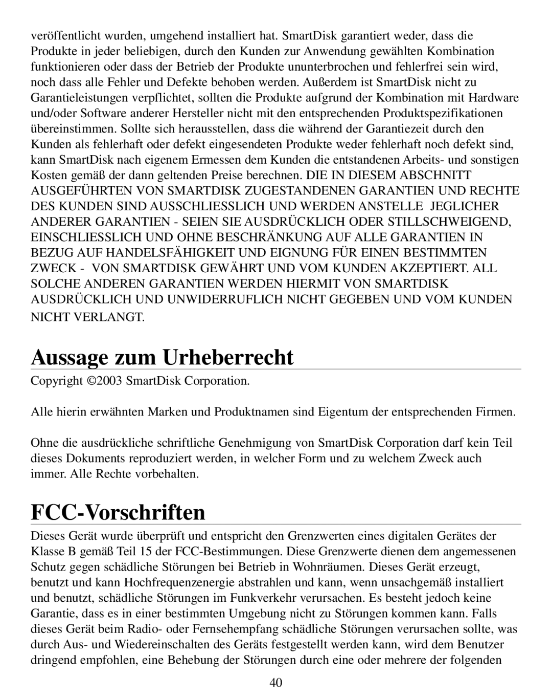 SmartDisk Rover manual Aussage zum Urheberrecht, FCC-Vorschriften 