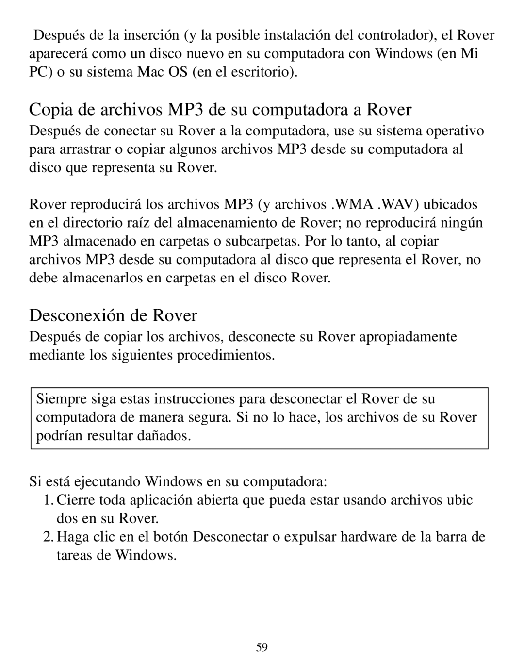 SmartDisk manual Copia de archivos MP3 de su computadora a Rover, Desconexión de Rover 