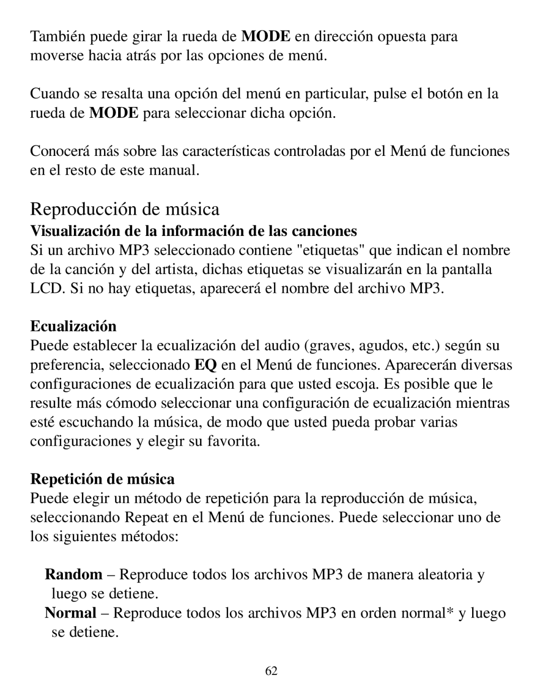 SmartDisk Rover manual Visualización de la información de las canciones, Ecualización, Repetición de música 