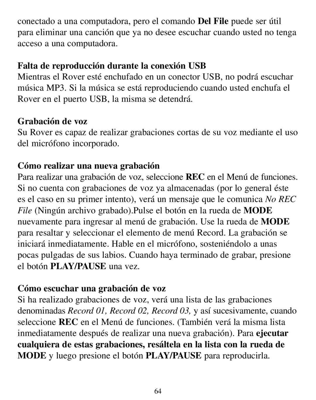 SmartDisk Rover manual Falta de reproducción durante la conexión USB, Grabación de voz, Cómo realizar una nueva grabación 