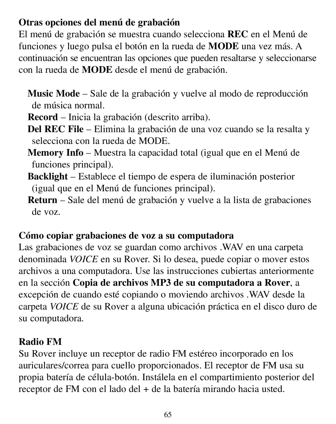 SmartDisk Rover manual Otras opciones del menú de grabación, Cómo copiar grabaciones de voz a su computadora, Radio FM 