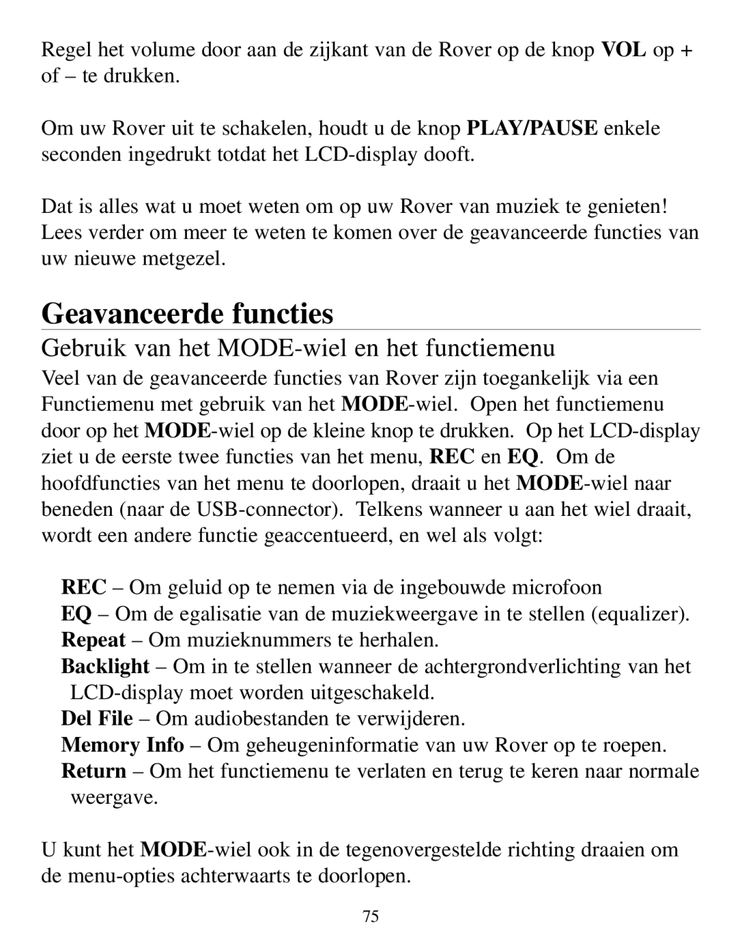 SmartDisk Rover manual Geavanceerde functies, Gebruik van het MODE-wiel en het functiemenu 