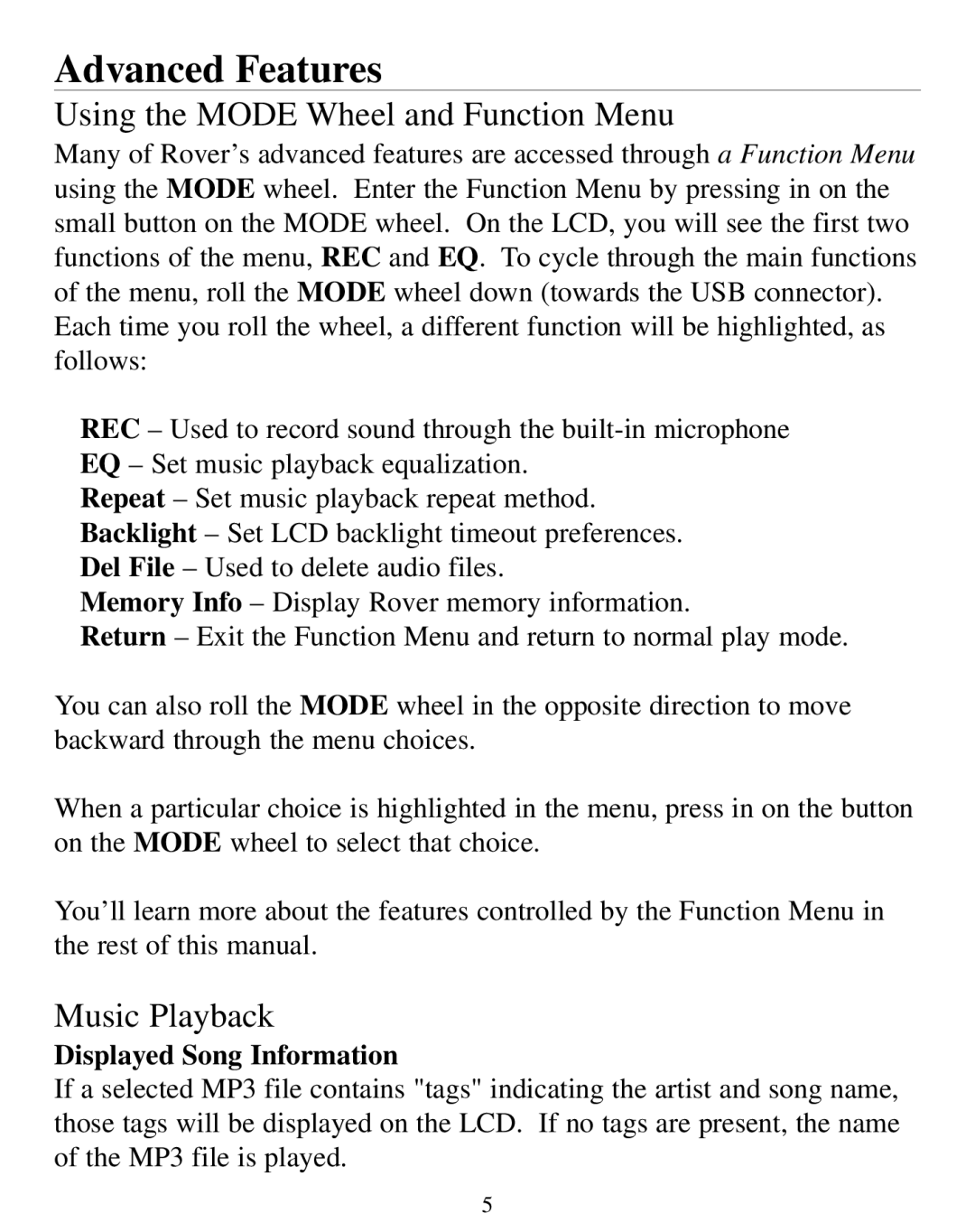 SmartDisk Rover Advanced Features, Using the Mode Wheel and Function Menu, Music Playback, Displayed Song Information 