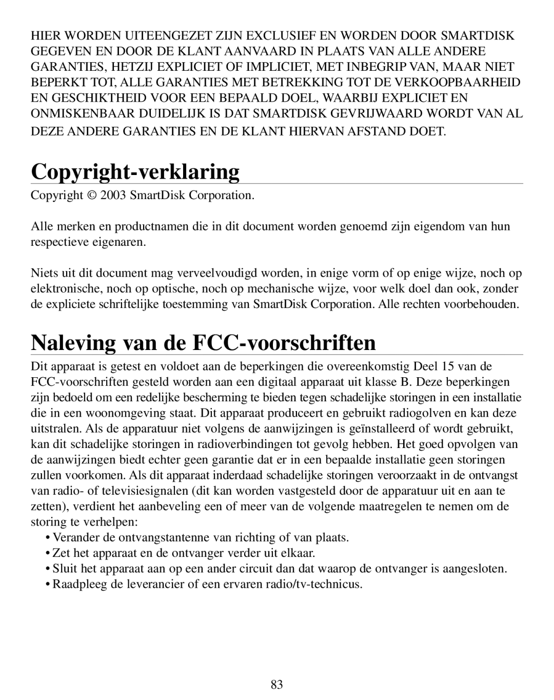 SmartDisk Rover manual Copyright-verklaring, Naleving van de FCC-voorschriften 