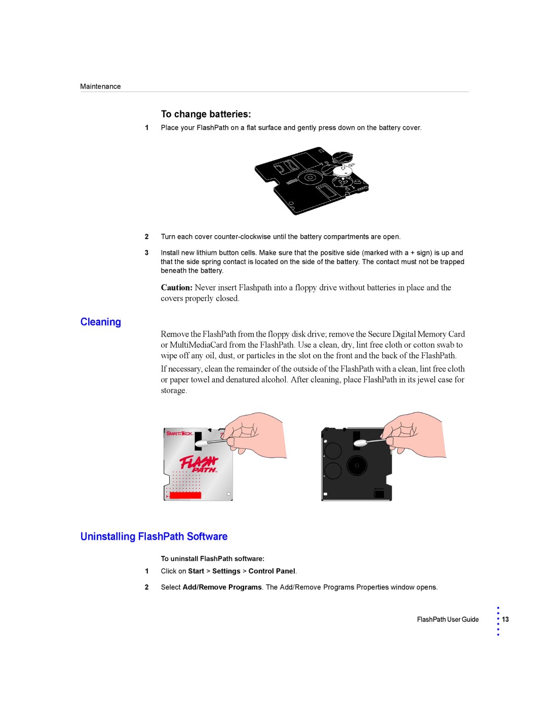 SmartDisk Secure Digital Memory Card manual Cleaning, Uninstalling FlashPath Software 