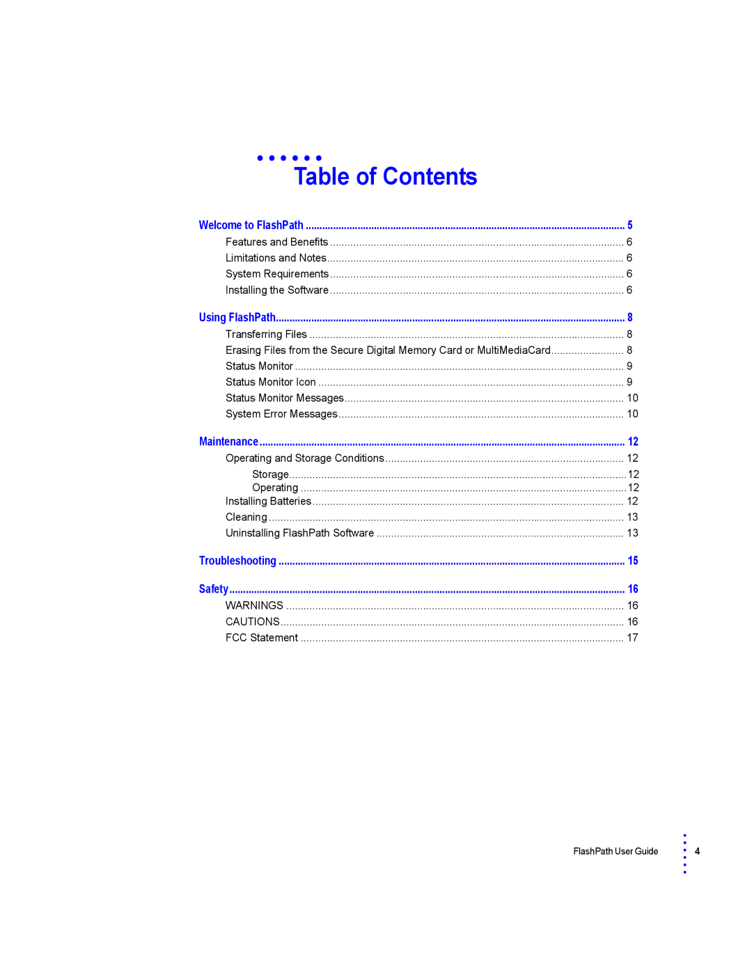 SmartDisk Secure Digital Memory Card manual Table of Contents 