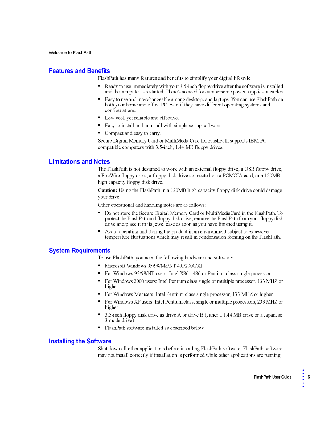 SmartDisk Secure Digital Memory Card manual Features and Benefits, Limitations and Notes, System Requirements 