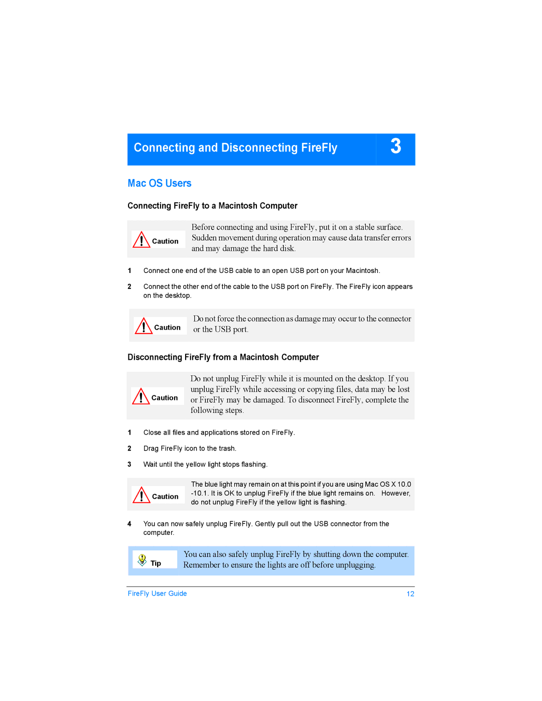 SmartDisk USBFF05P manual Connecting FireFly to a Macintosh Computer, Disconnecting FireFly from a Macintosh Computer, Tip 