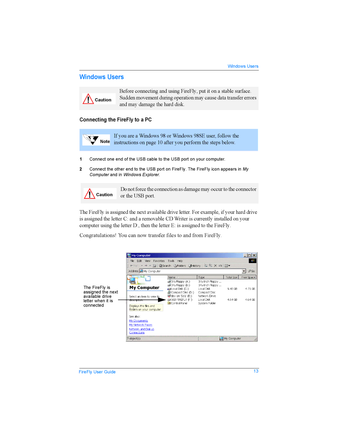 SmartDisk USBFF20P, USBFF05P, USBFF10P manual Windows Users, Connecting the FireFly to a PC 