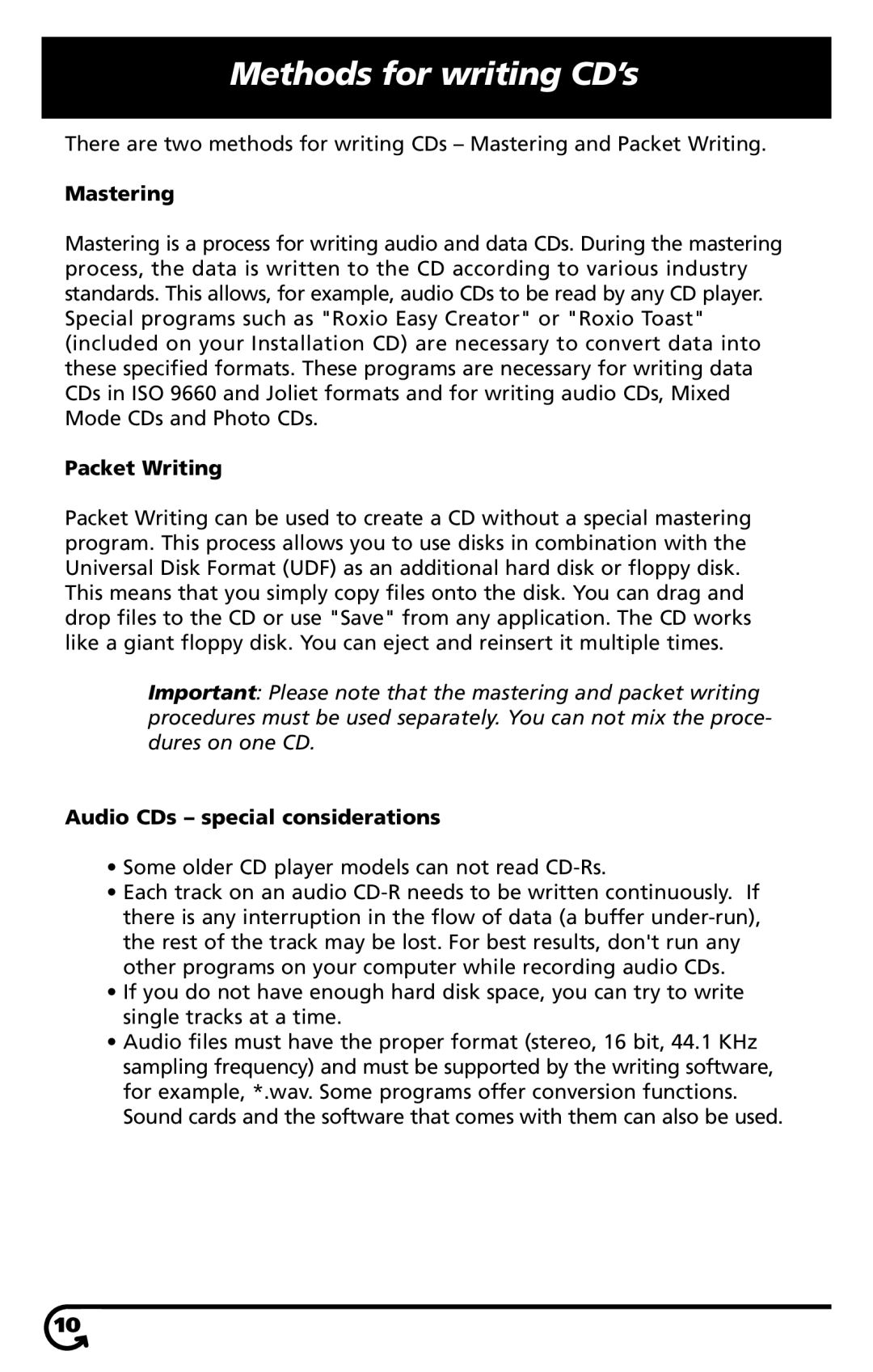 SmartDisk VST FireWireTM Portable CD-R/W Drive manual Methods for writing CD’s, Mastering, Packet Writing 