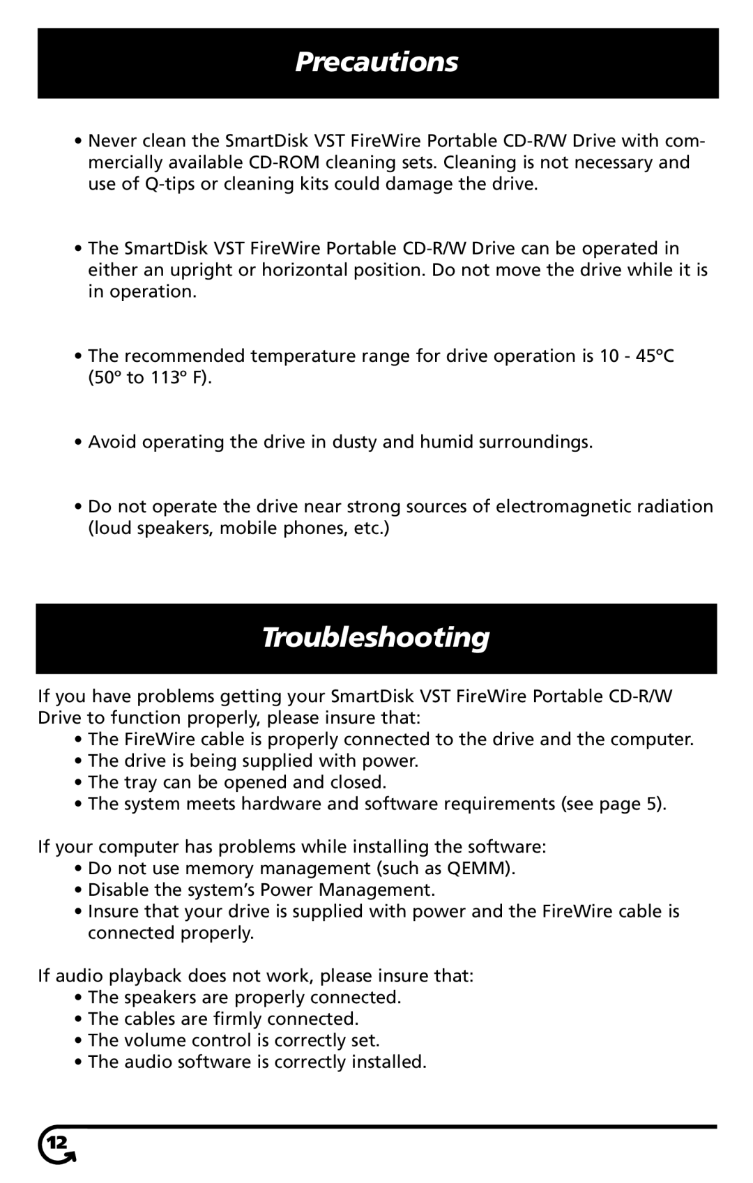 SmartDisk VST FireWireTM Portable CD-R/W Drive manual Precautions, Troubleshooting 