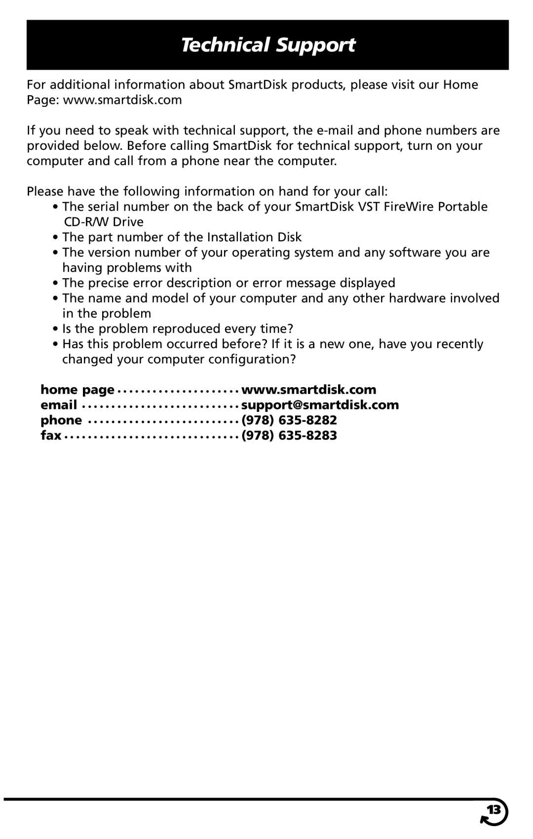 SmartDisk VST FireWireTM Portable CD-R/W Drive manual Technical Support 