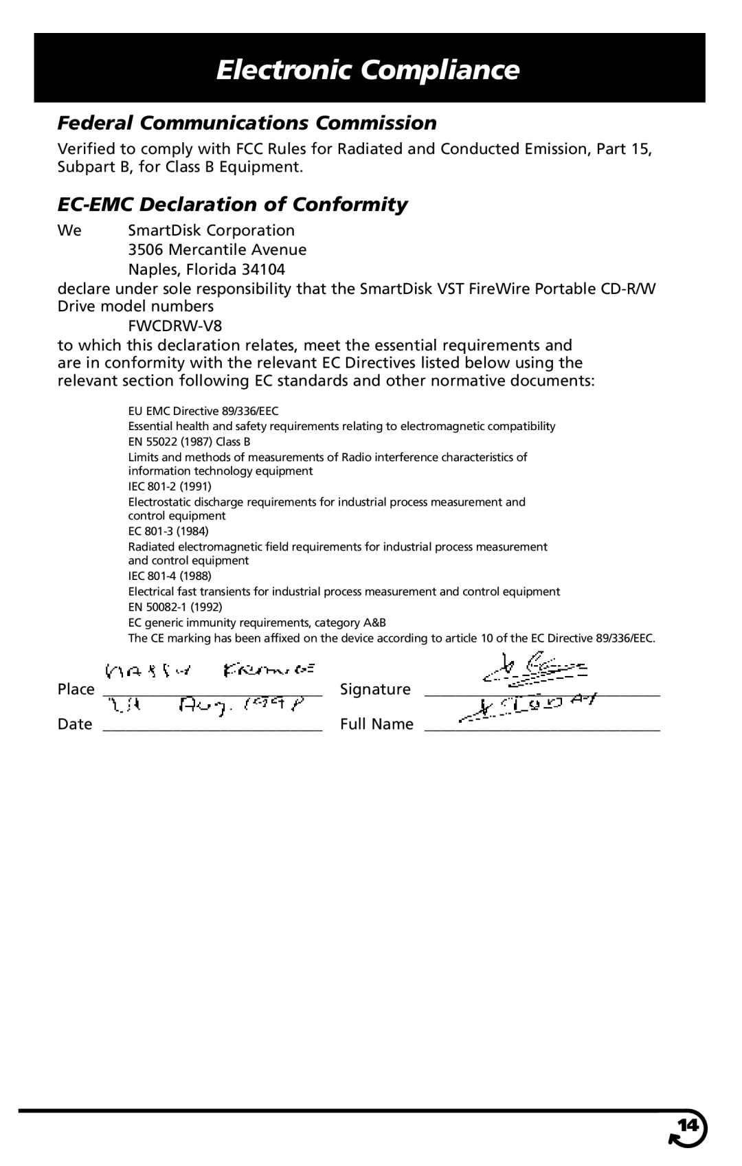 SmartDisk VST FireWireTM Portable CD-R/W Drive manual Electronic Compliance, Federal Communications Commission 
