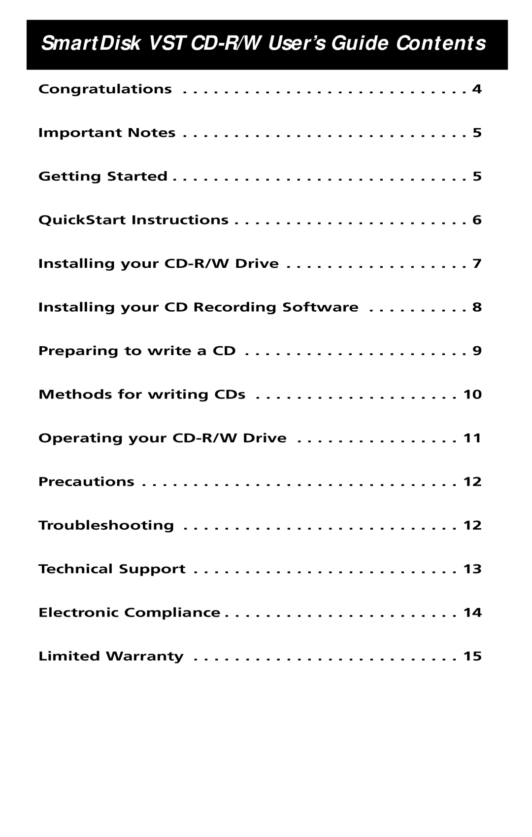 SmartDisk VST FireWireTM Portable CD-R/W Drive manual SmartDisk VST CD-R/W User’s Guide Contents 