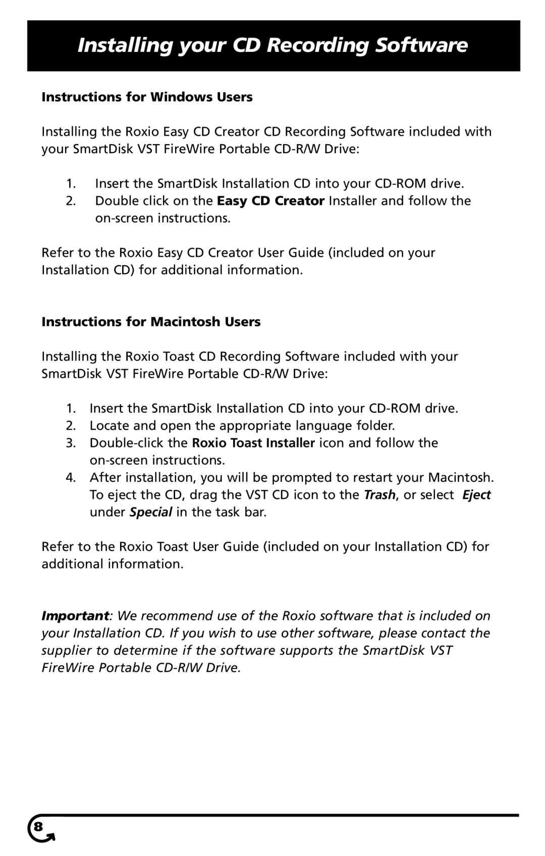 SmartDisk VST FireWireTM Portable CD-R/W Drive manual Installing your CD Recording Software, Instructions for Windows Users 