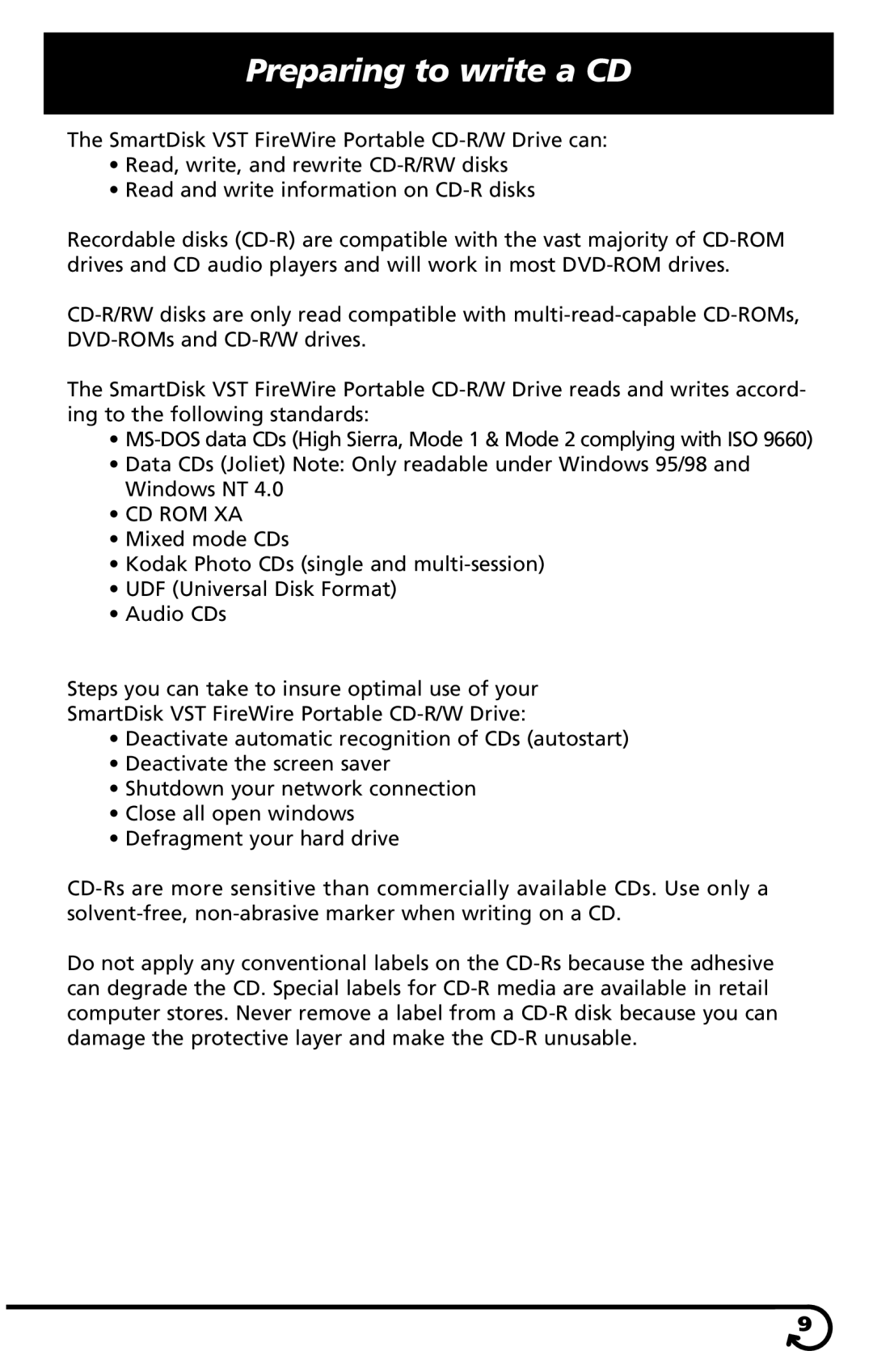 SmartDisk VST FireWireTM Portable CD-R/W Drive manual Preparing to write a CD, Cd Rom Xa 