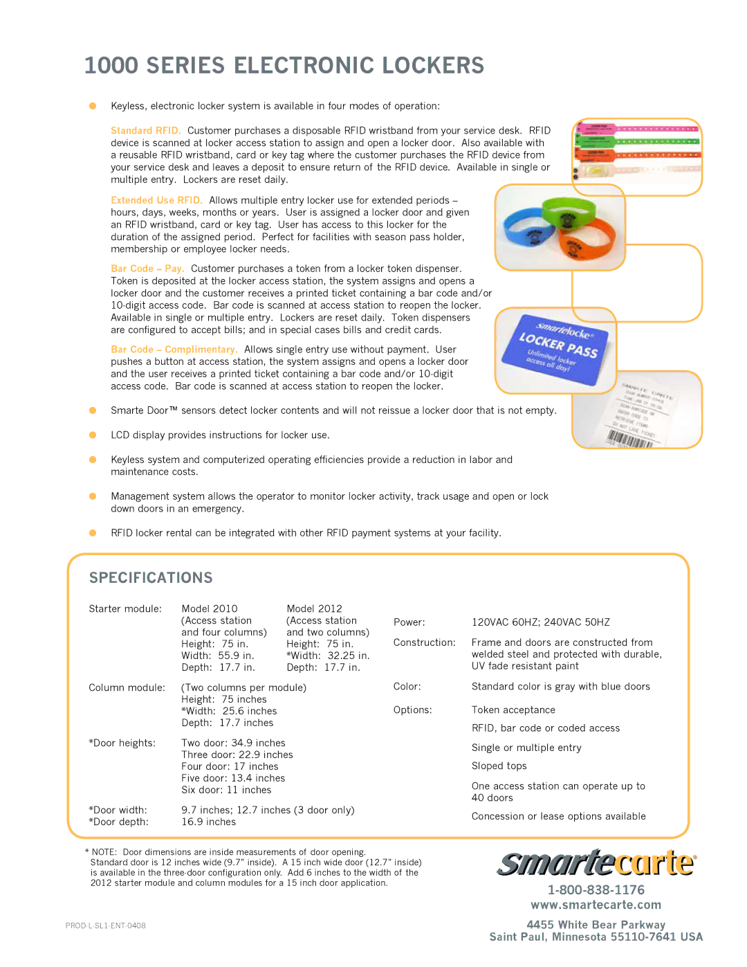 Smartek 1000 manual Series Electronic Lockers, Specifications 