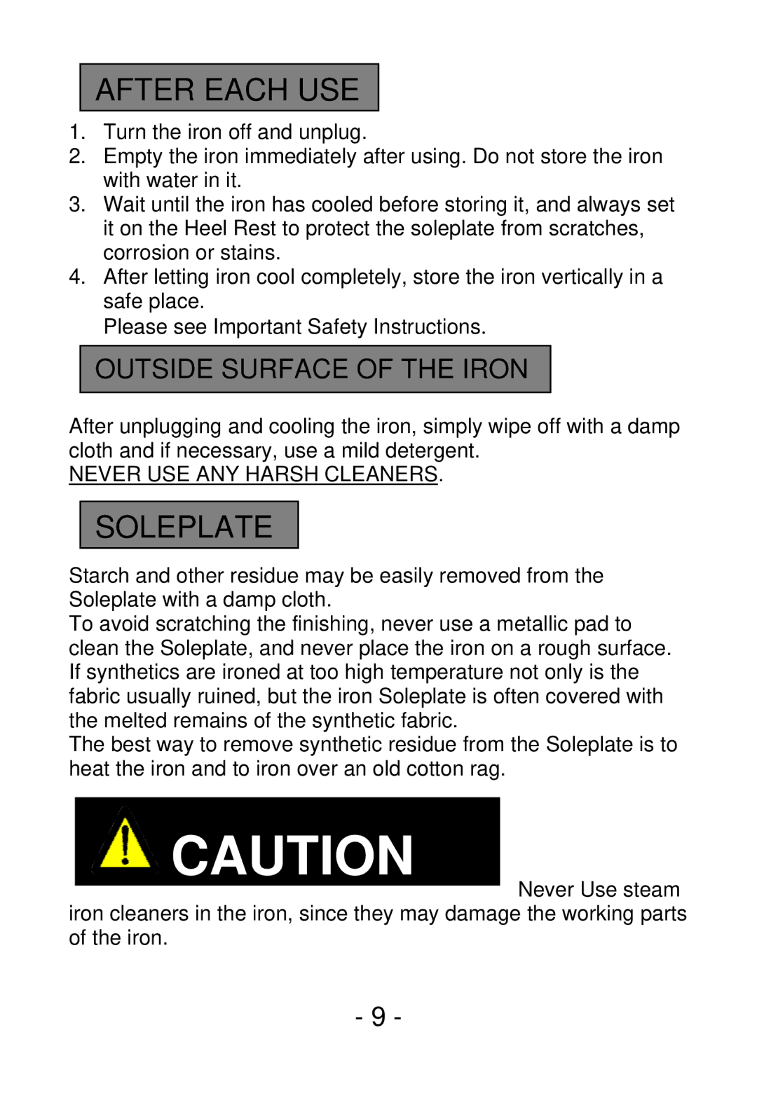 Smartek ST-1200 manual After Each USE, Soleplate, Outside Surface of the Iron 