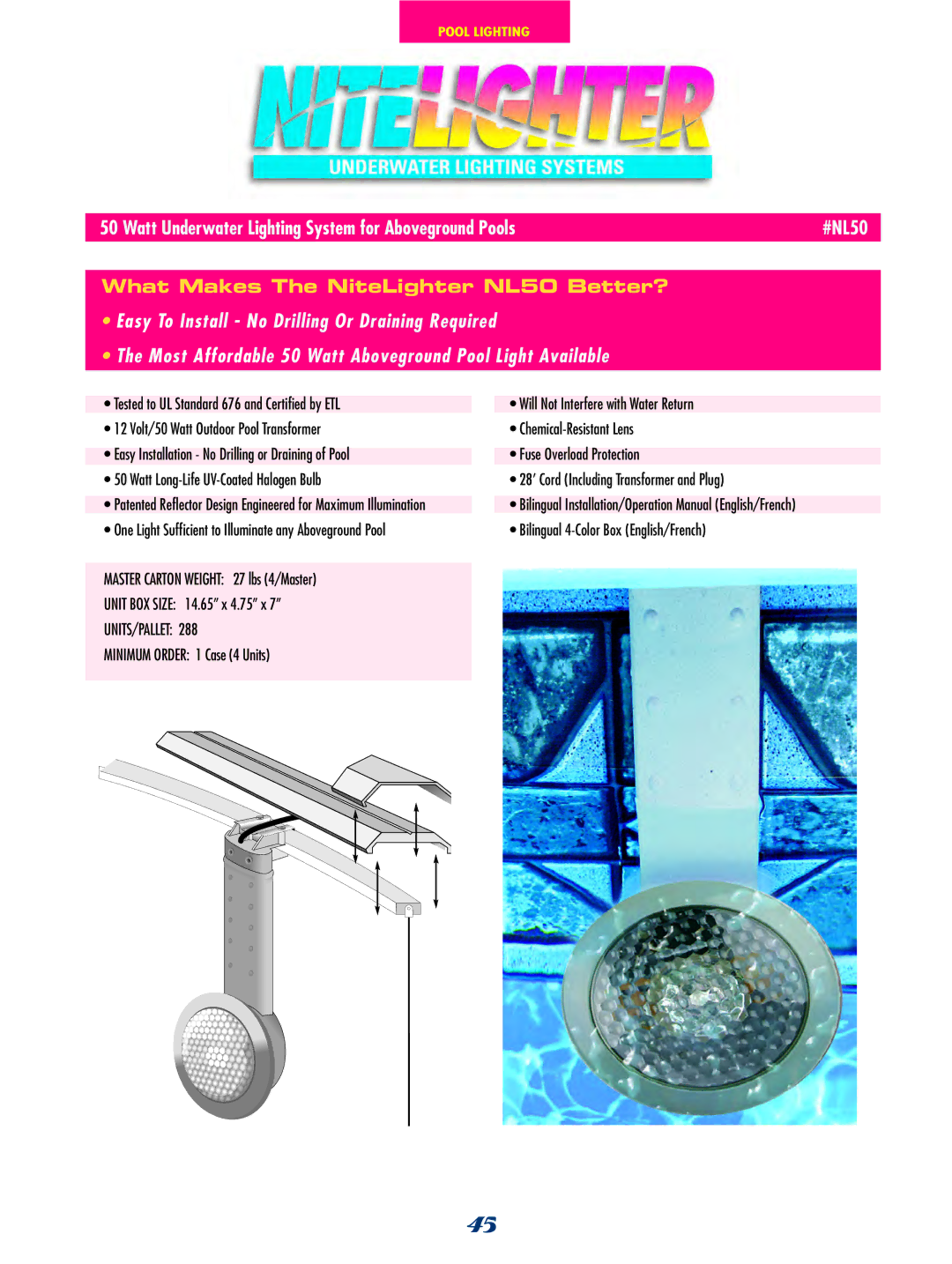 SmartPool Inc NC31 manual Watt Underwater Lighting System for Aboveground Pools #NL50 