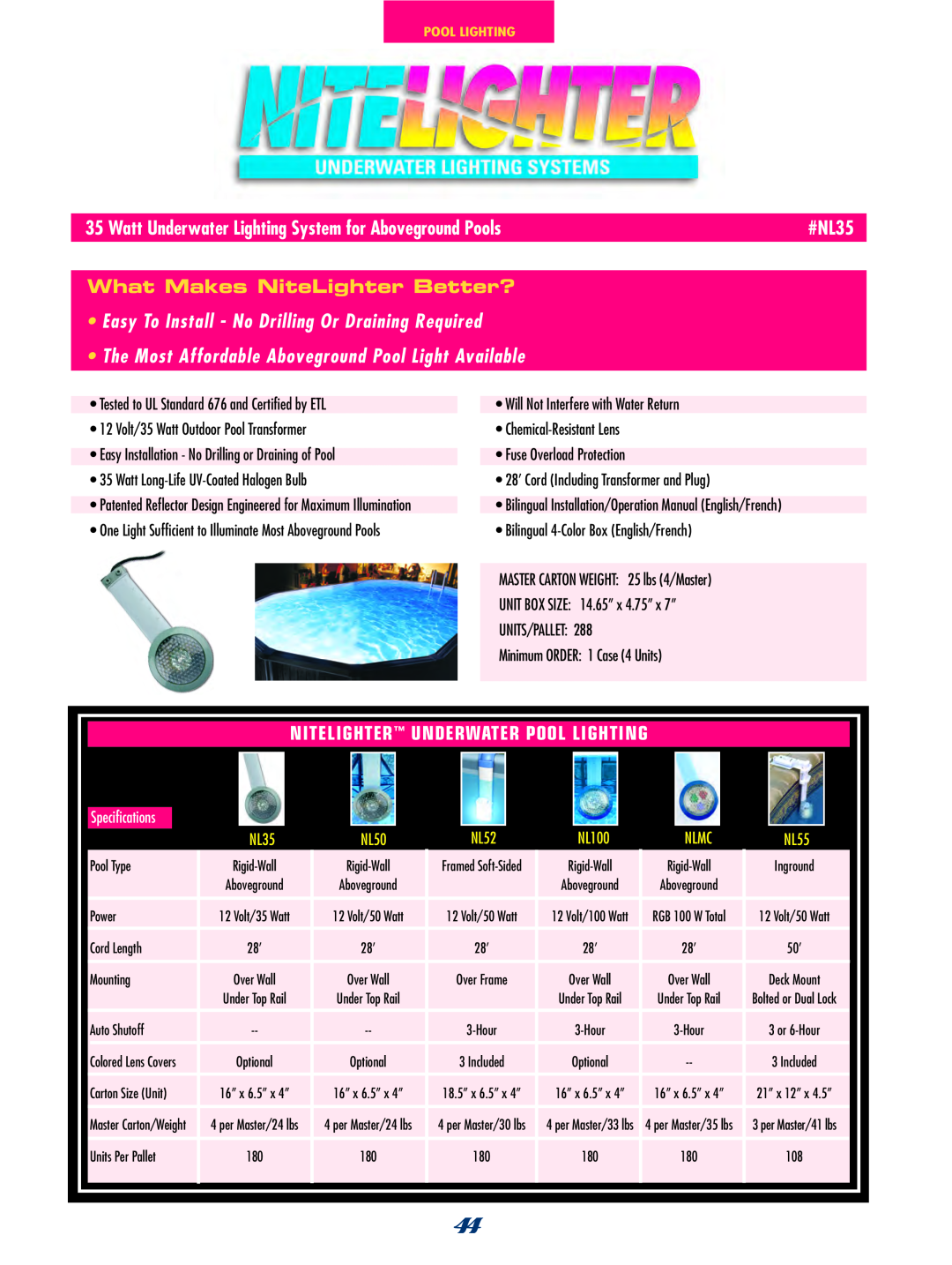 SmartPool Inc NC31 manual #NL35, What Makes NiteLighter Better?, Specifications, NL50, NL100, Nlmc, NL55 