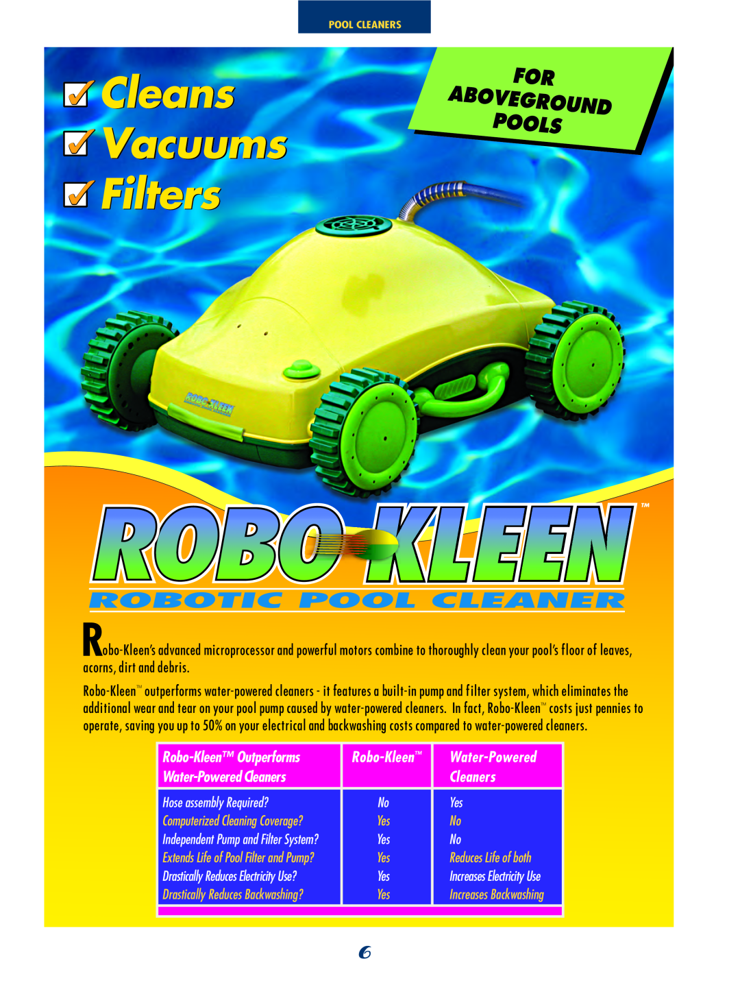 SmartPool Inc NC31 Robo-KleenOutperforms, Hose assembly Required?, Reduces Life of both, Computerized Cleaning Coverage? 
