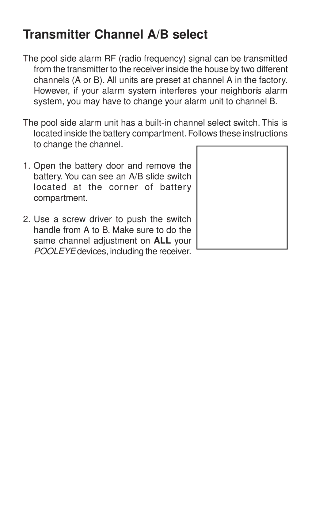 SmartPool Inc PE13 warranty Transmitter Channel A/B select 