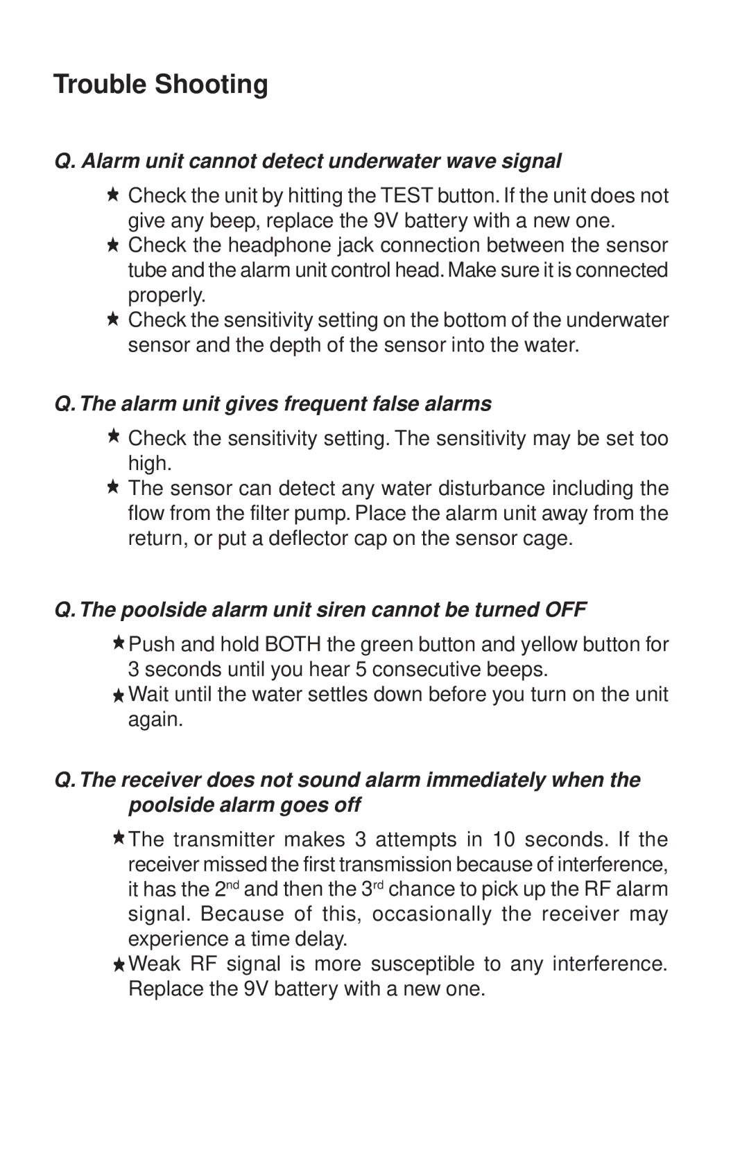 SmartPool Inc PE13 warranty Trouble Shooting, Alarm unit cannot detect underwater wave signal 