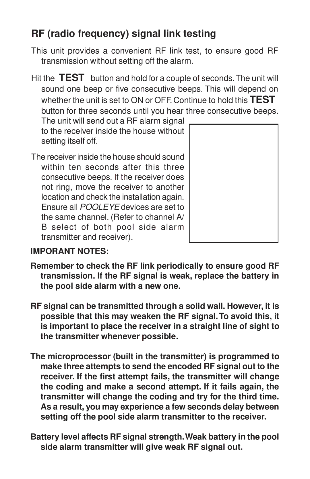 SmartPool Inc PE13 warranty RF radio frequency signal link testing 