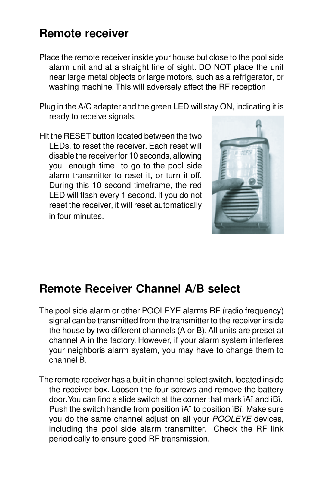 SmartPool Inc PE13 warranty Remote receiver, Remote Receiver Channel A/B select 