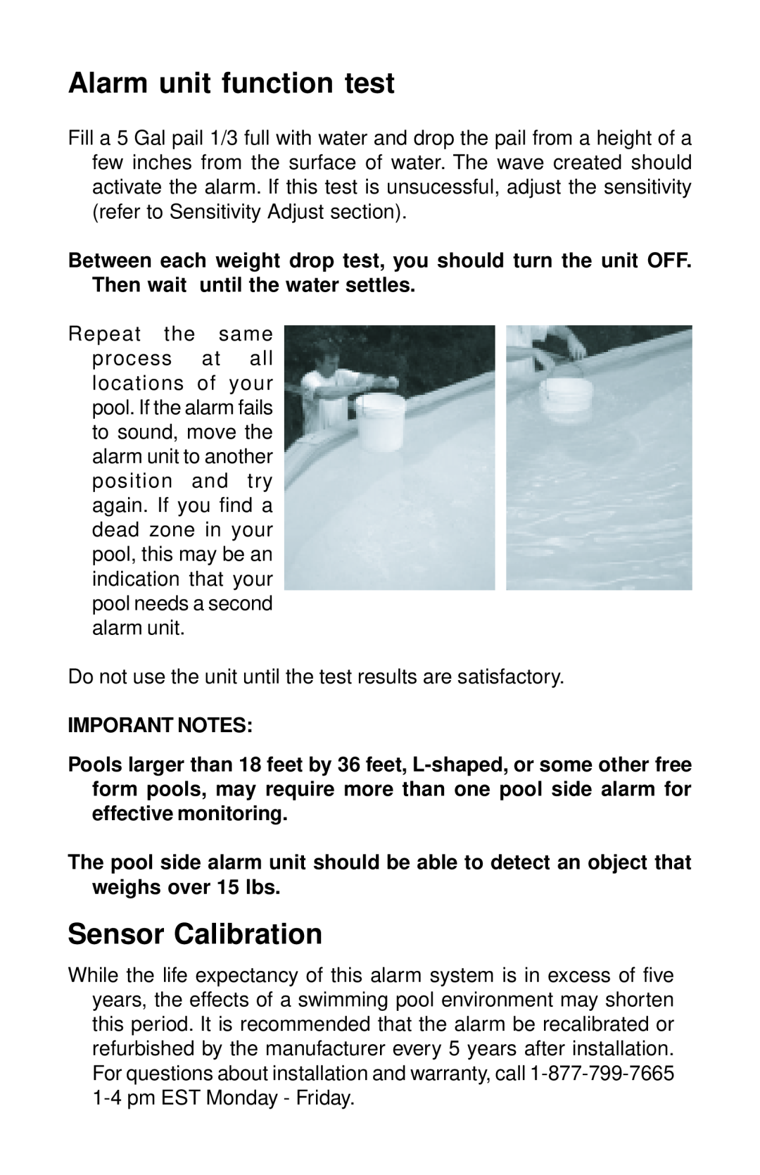 SmartPool Inc PE13 warranty Alarm unit function test, Sensor Calibration 