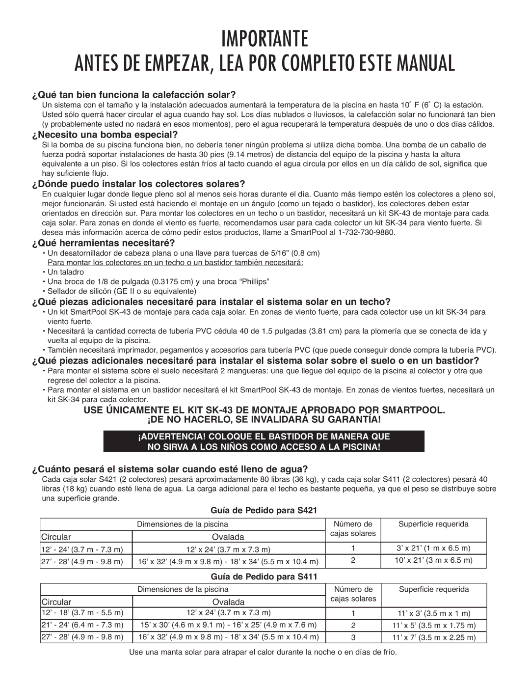 SmartPool Inc operation manual Guía de Pedido para S421, Circular Ovalada, Guía de Pedido para S411 