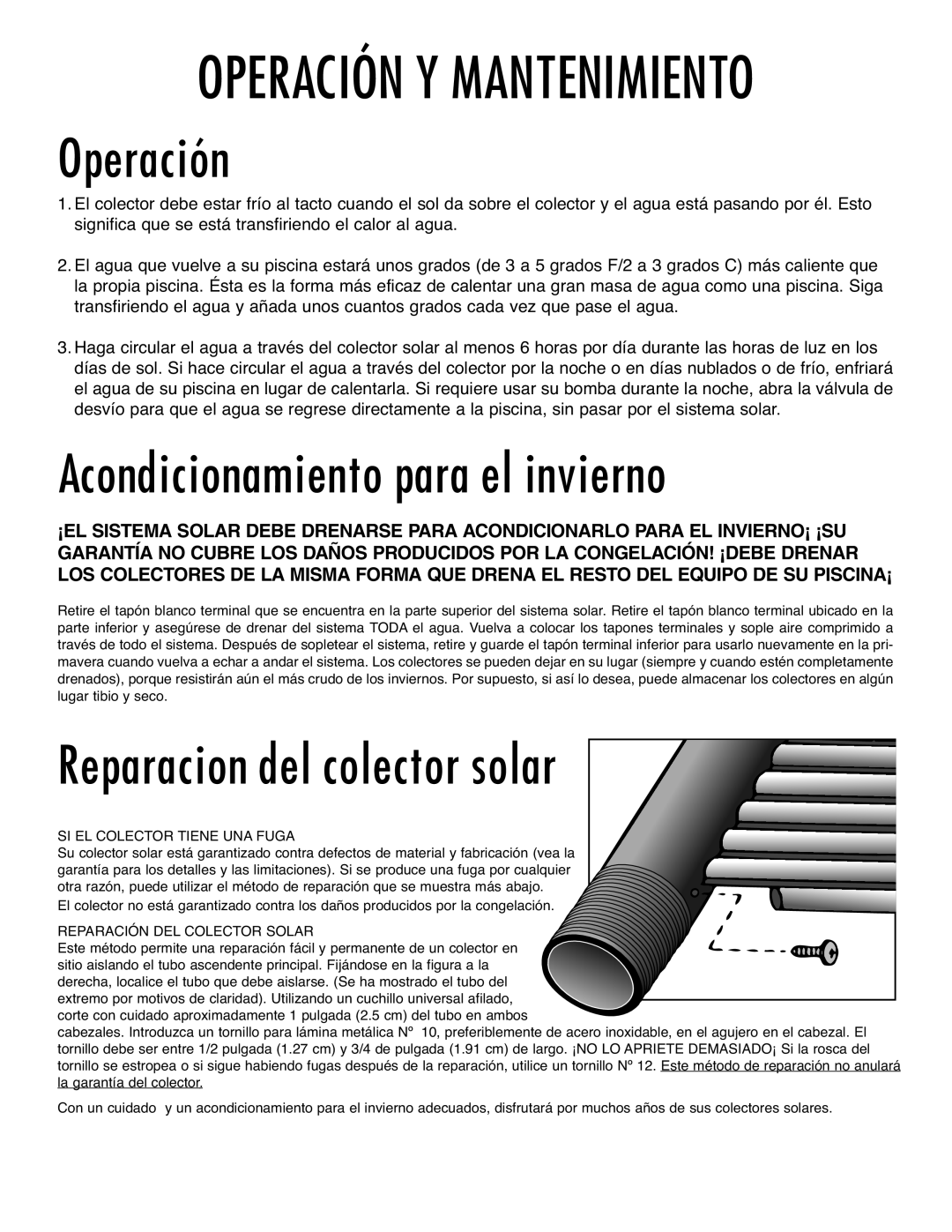 SmartPool Inc S421 operation manual Operación, Acondicionamiento para el invierno, Reparacion del colector solar 