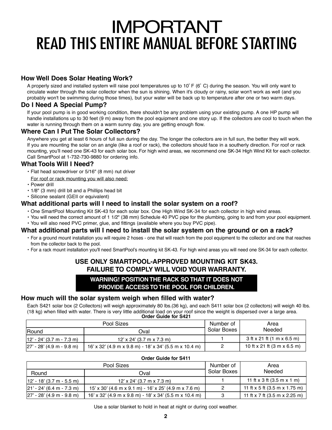 SmartPool Inc S421 operation manual Pool Sizes, Number Area Round Oval Solar Boxes Needed 