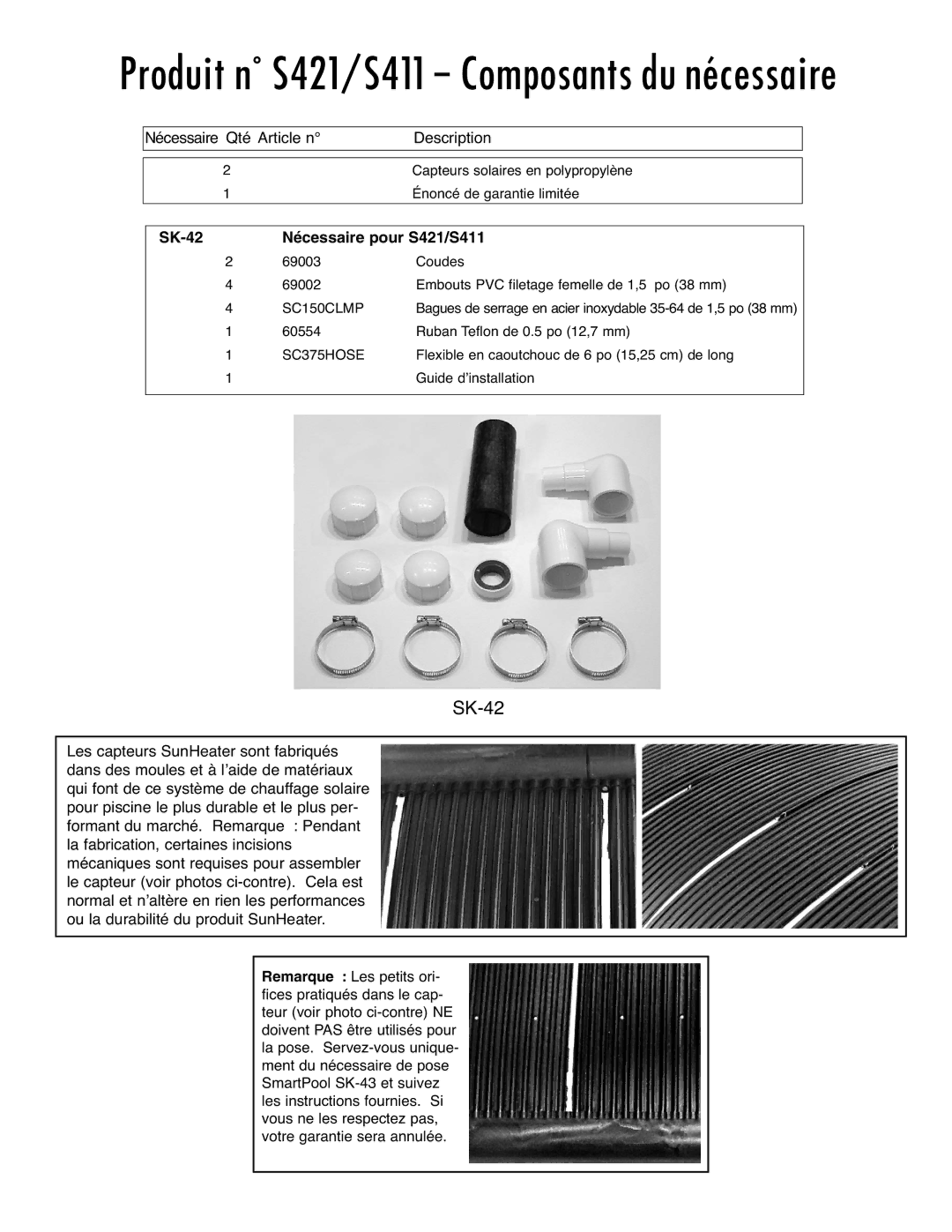 SmartPool Inc operation manual Nécessaire Qté Article n Description, SK-42 Nécessaire pour S421/S411 