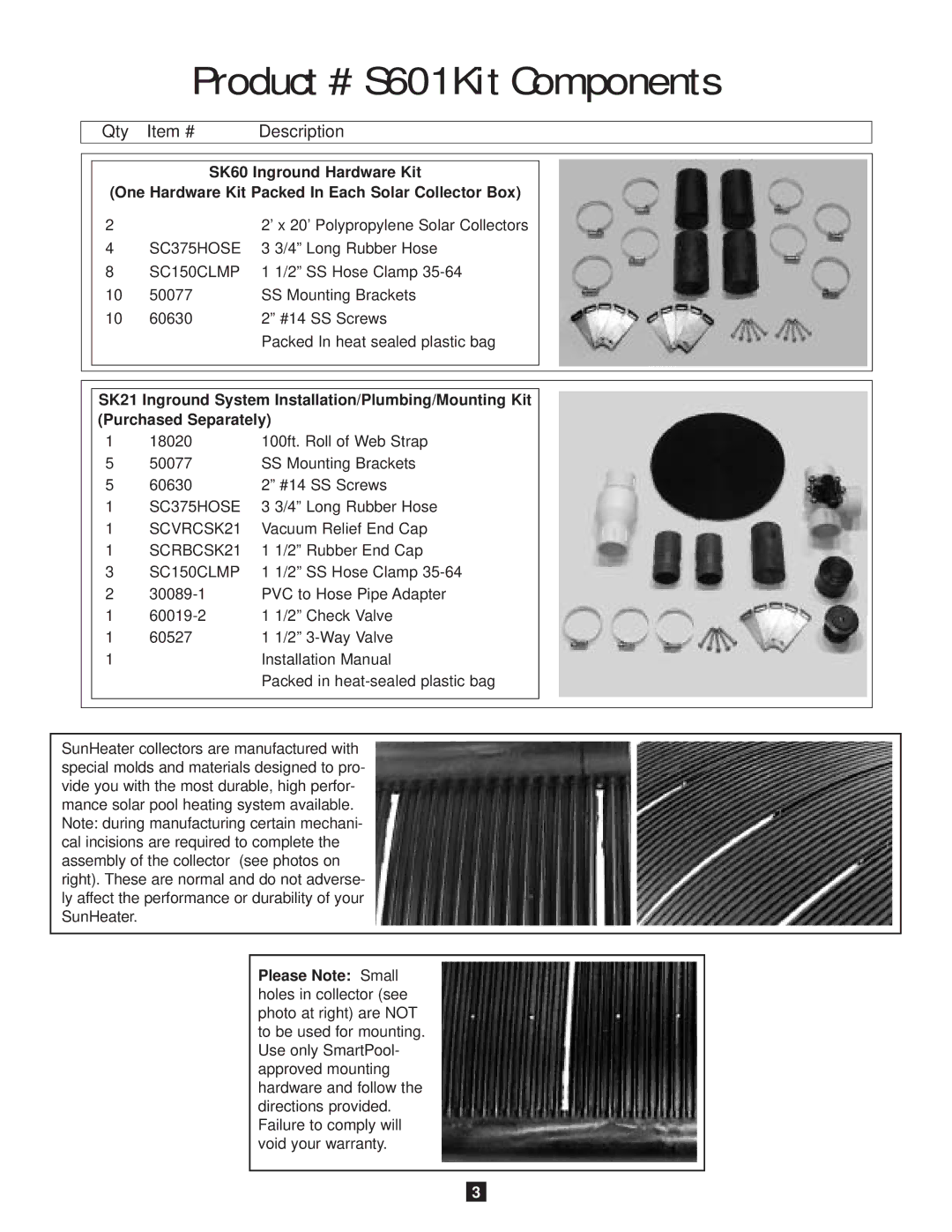 SmartPool Inc operation manual Product # S601 Kit Components 