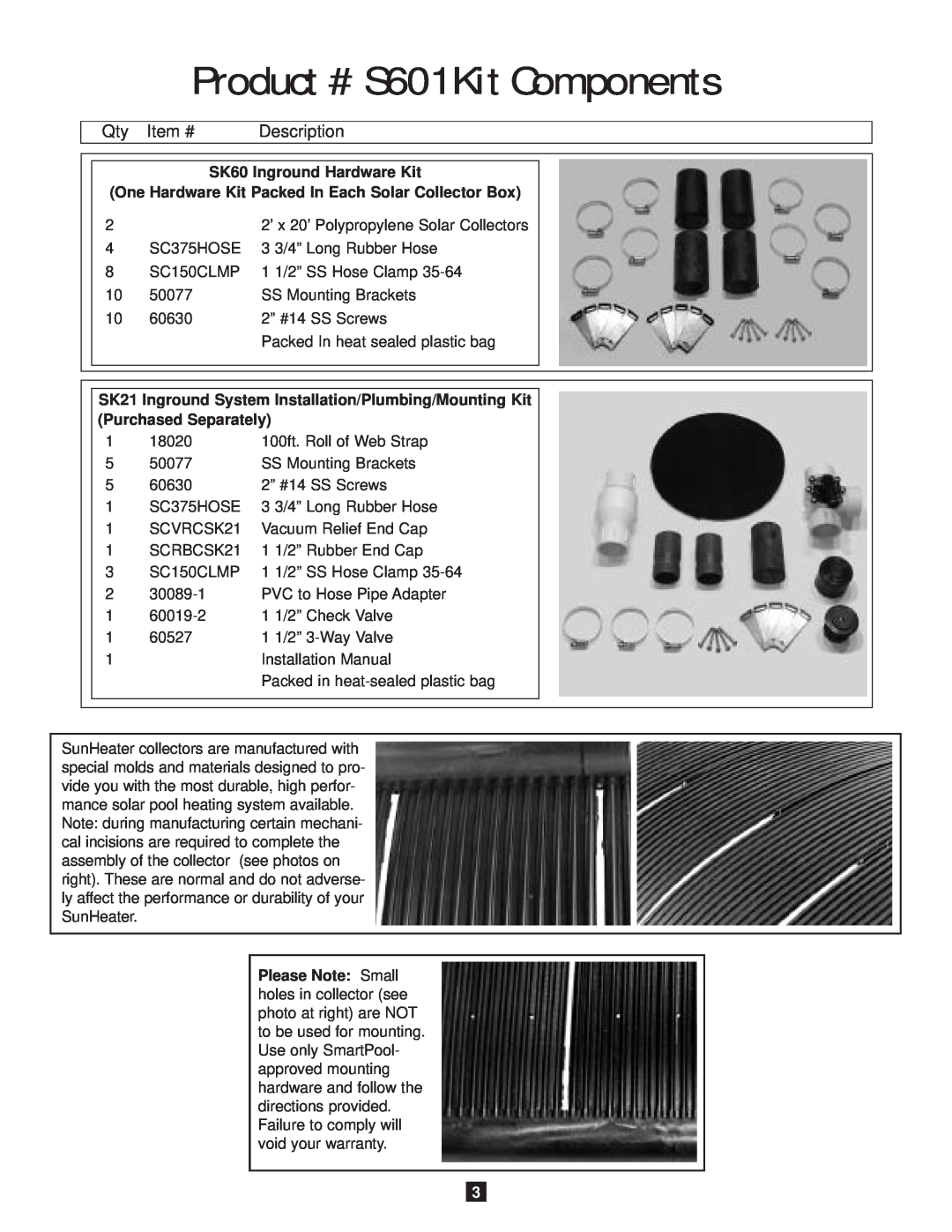 SmartPool Inc operation manual Product # S601 Kit Components, Item #, Description 