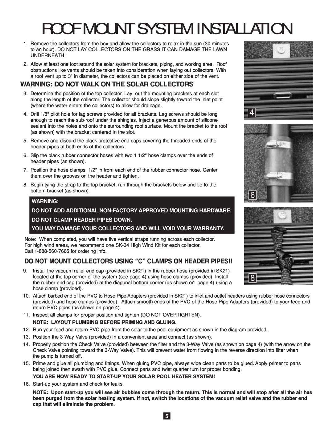 SmartPool Inc S601 operation manual Warning Do Not Walk On The Solar Collectors, Roof Mount System Installation 
