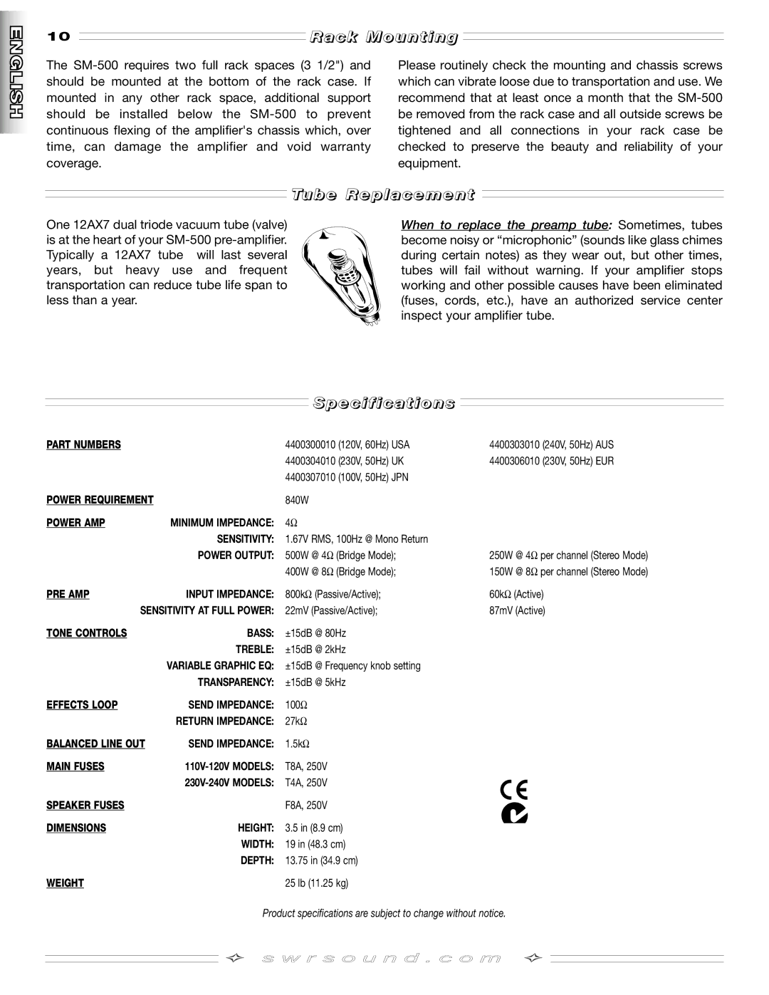 SMc Audio SM-500SM-500 manual Rack Mounting, Tube Replacement, Specifications 