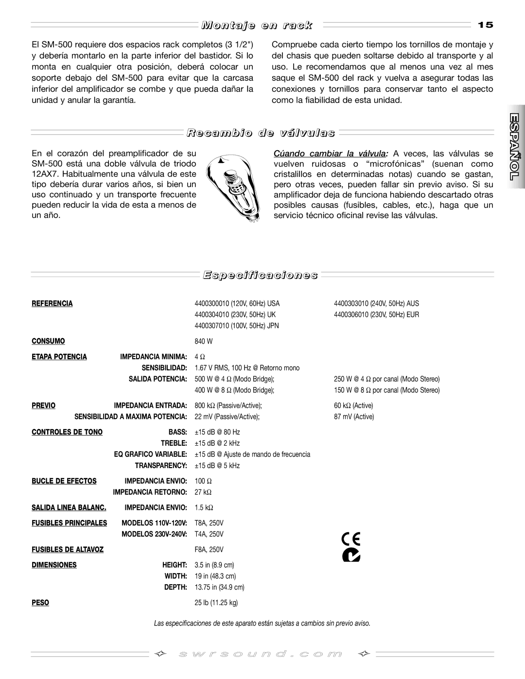 SMc Audio SM-500SM-500 manual Montaje en rack, Recambio de válvulas, Especificaciones 