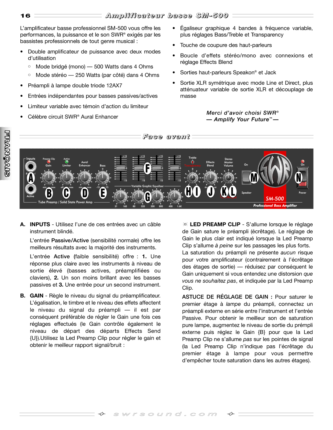 SMc Audio SM-500SM-500 manual Amplificateur basse SM, Face avant 