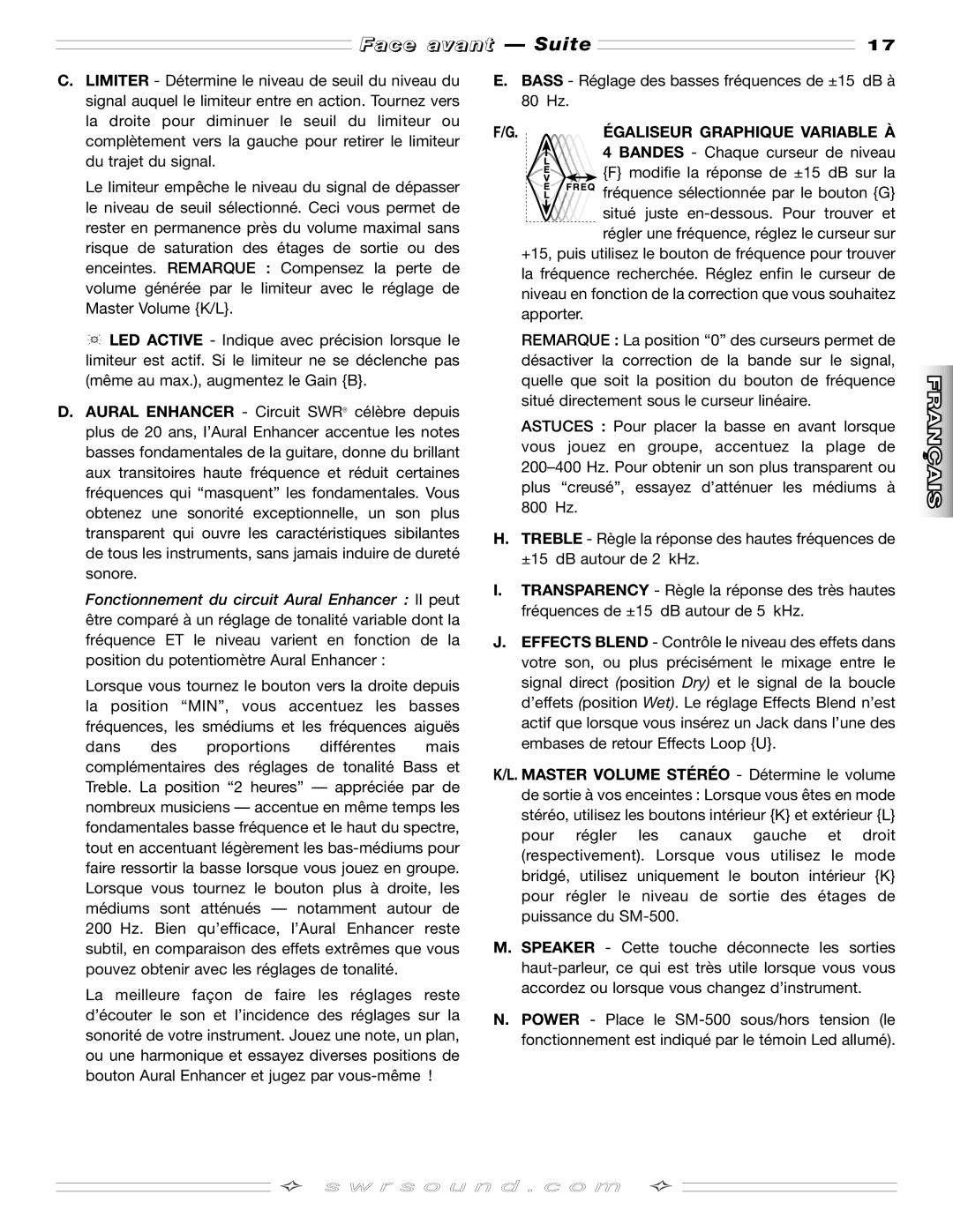 SMc Audio SM-500SM-500 manual Face avant Suite, Égaliseur Graphique Variable À 