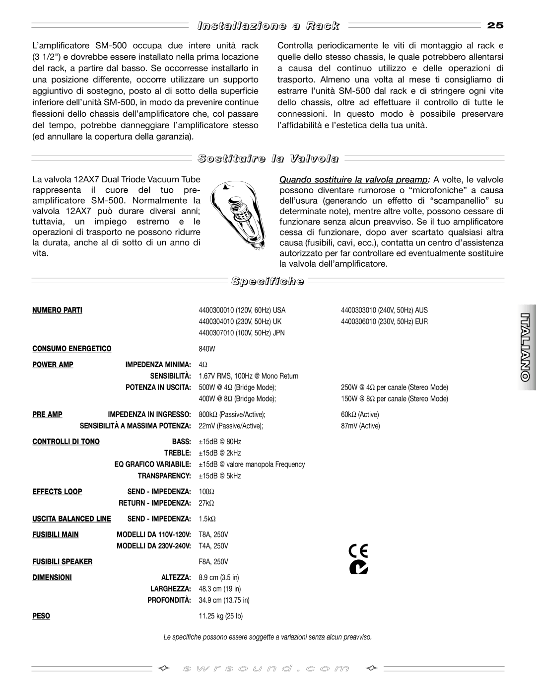 SMc Audio SM-500SM-500 manual Installazione a Rack, Sostituire la Valvola, Specifiche 